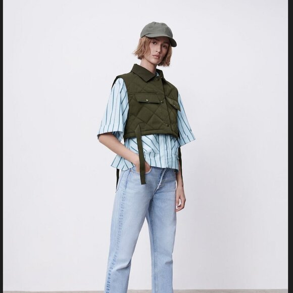 ZARA Light Blue Short-Sleeve Striped Cropped Shirt - Size XS NWT - Picture 8 of 8